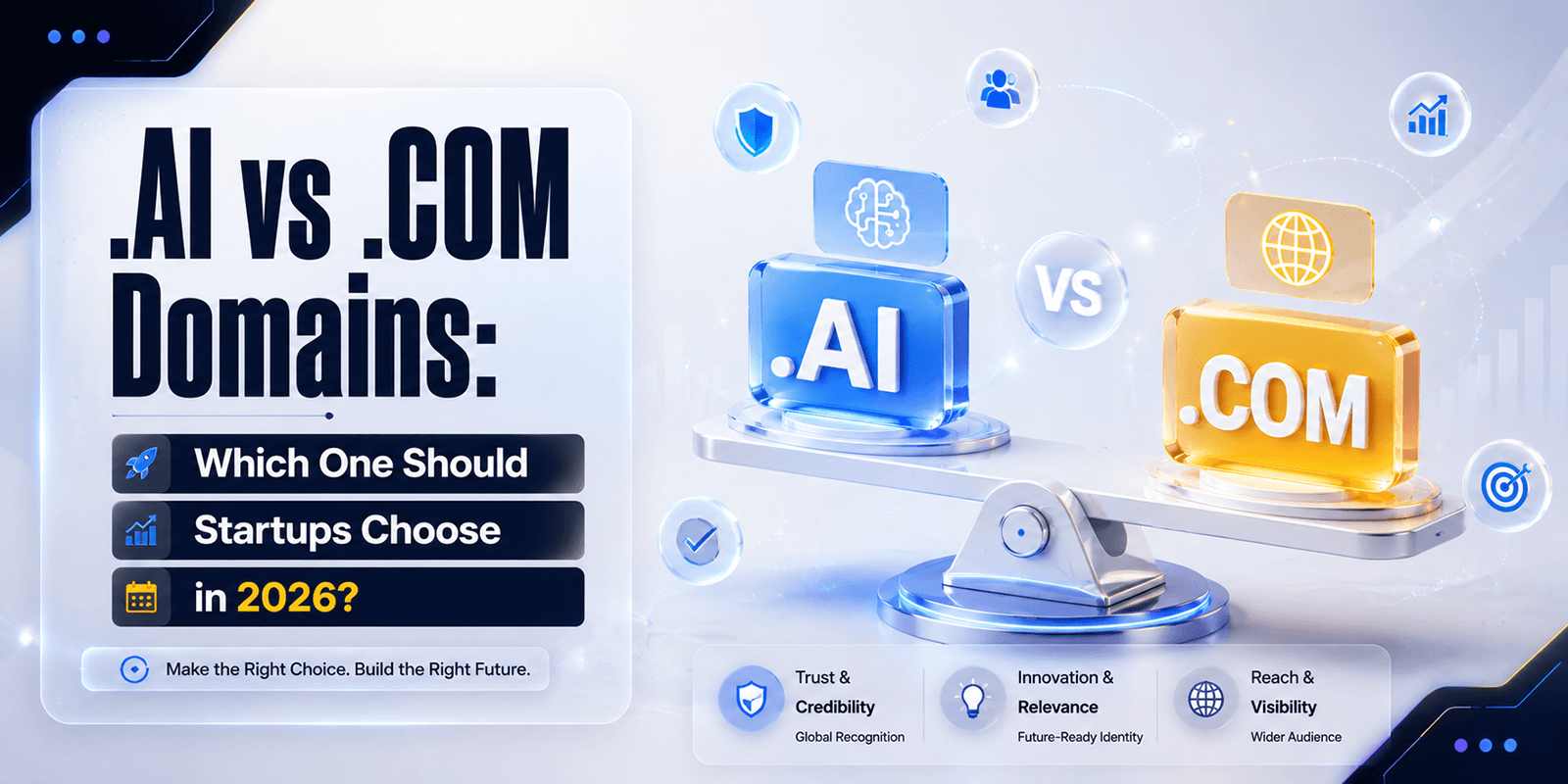 Comparison of .AI and .COM domain names showing differences in SEO, branding, trust, cost, and startup use cases in 2026