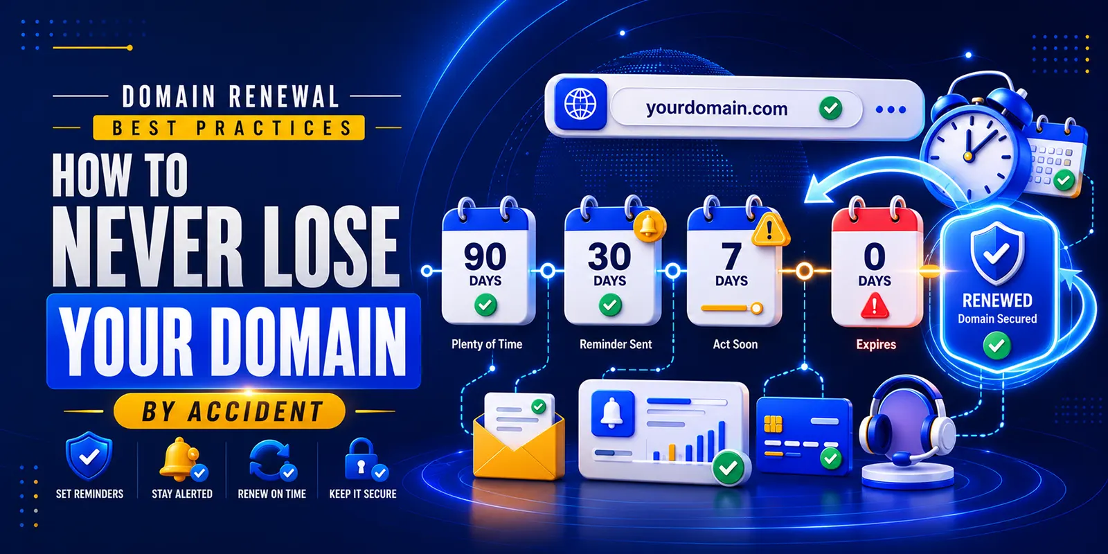 Business owner reviewing domain renewal tips, auto-renewal settings, expiry alerts, and domain protection checklist.