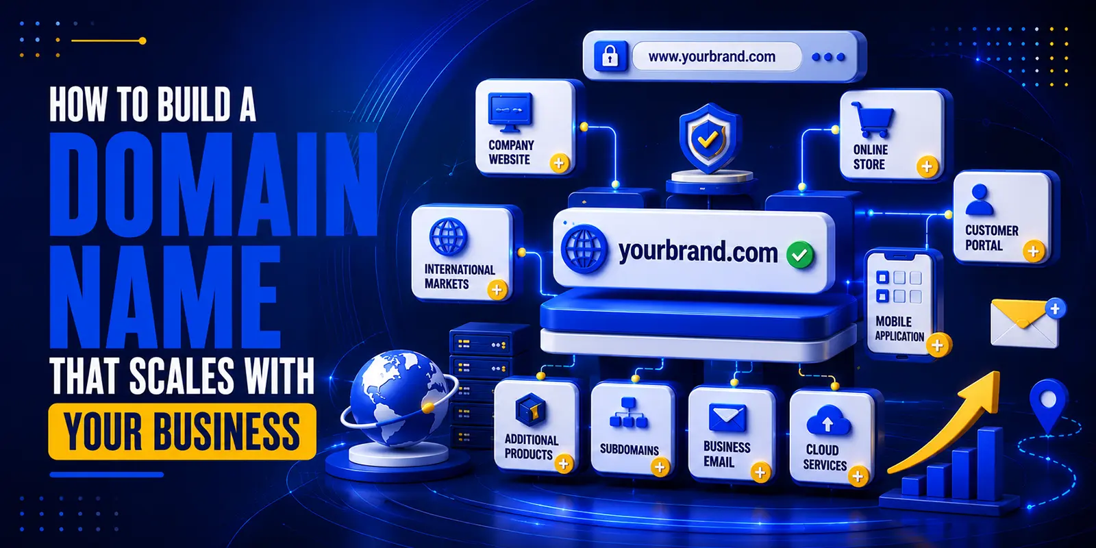 Illustration of a founder choosing a scalable domain name with branding, business growth, domain registration, and startup naming strategy.