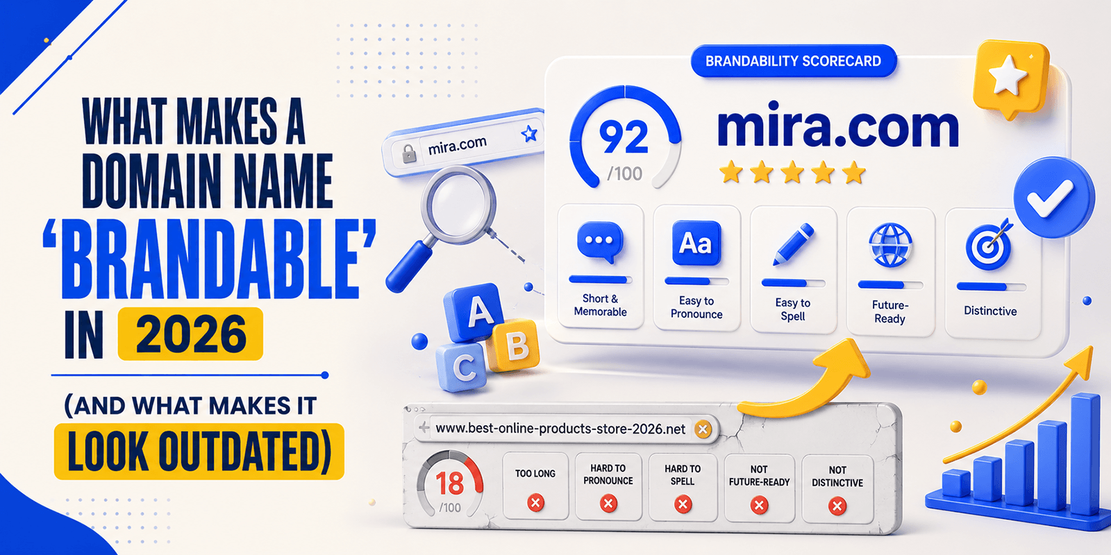 Illustration comparing a modern brandable domain name with an outdated keyword-stuffed domain.
